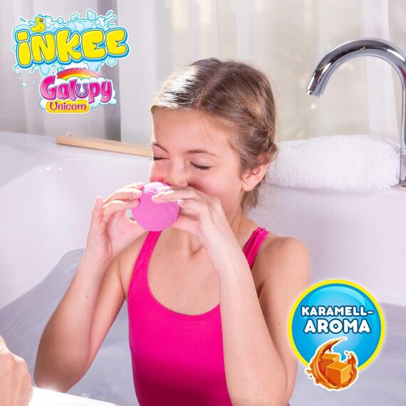 INKEE Galupy Unicorn 5er Set | Badebomben Kinder mit Überraschung komplettes Thekendisplay, 5x Badekugeln Kinder mit GALUPY Einhorn Spielzeug, Karamellduft & Jojobaöl