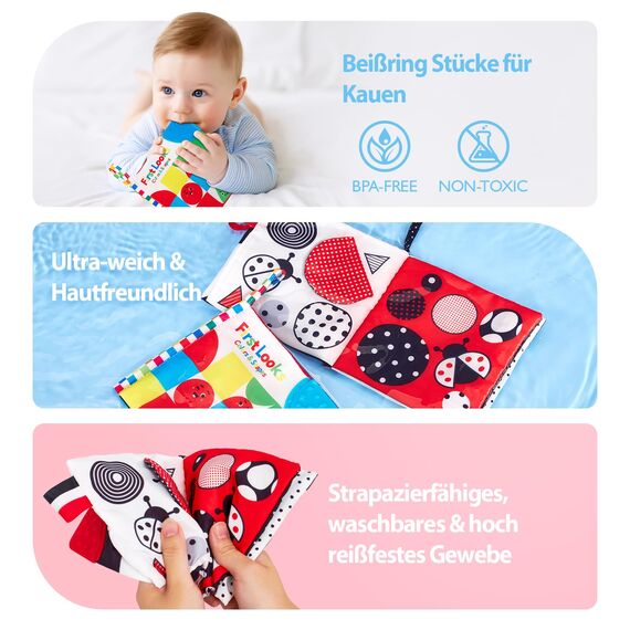 hahaland Kontrastkarten Baby Spielzeug 0 3 6 Monate, Schwarz Weiß Kontrasten Baby Buch für Neugeborene, Soft Bilderbuch Stoffbuch mit Spiegel, Kinderwagen Visuelle Stimulieren Babybuch Geschenk 2PCS