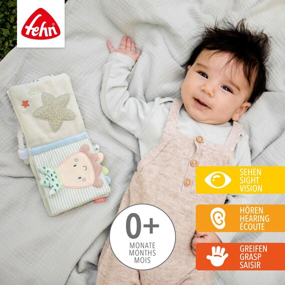 Fehn Fühlbuch Oktopus - Buggybuch aus Stoff mit Meerestier Motiven - Babyspielzeug Buch mit Quietsche, Raschelpapier und Spiegel - Babybuch 8 Seiten - Stoffbuch für Babys und Kleinkinder ab 0+ Monaten