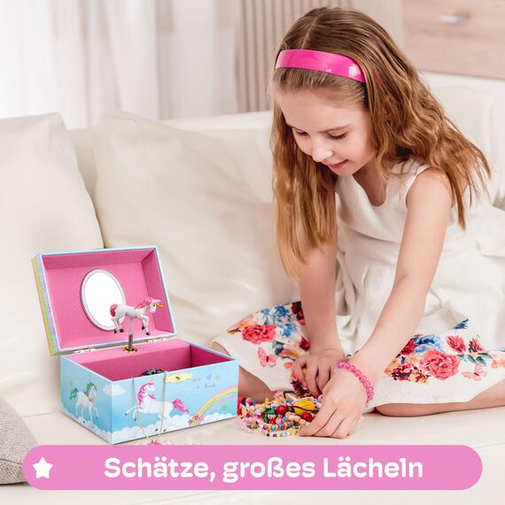 Jewelkeeper Regenbogen Einhorn Schmuckkästchen Spieluhr zum Aufbewahren von Halsketten, Armbändern und Ringen - Mädchen Andenken Aufbewahrung mit drehbarem Einhorn, ovalem Spiegel