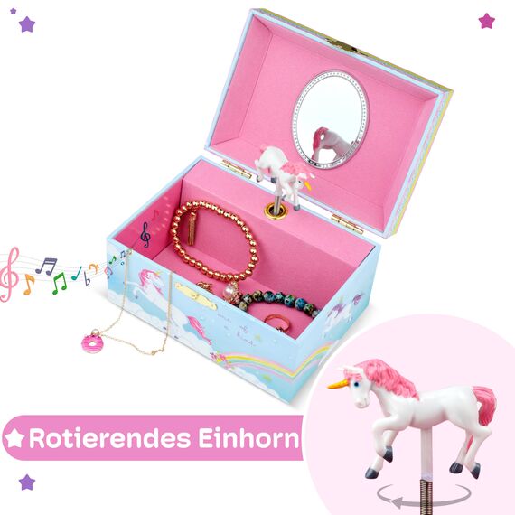 Jewelkeeper Regenbogen Einhorn Schmuckkästchen Spieluhr zum Aufbewahren von Halsketten, Armbändern und Ringen - Mädchen Andenken Aufbewahrung mit drehbarem Einhorn, ovalem Spiegel