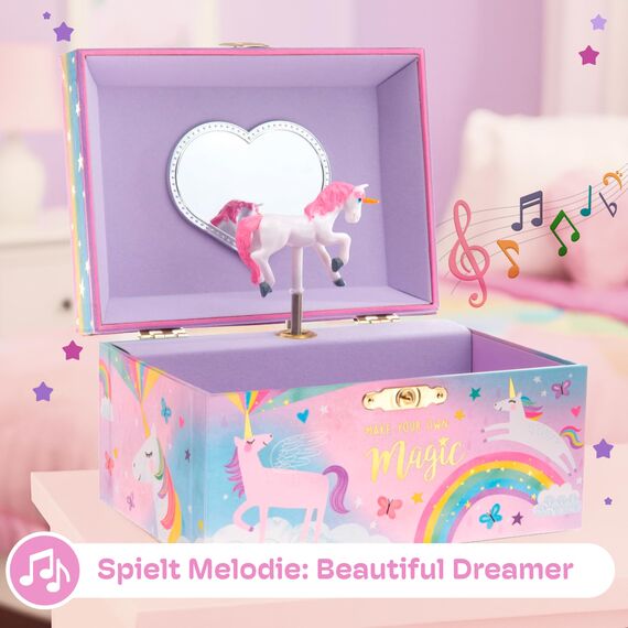 Jewelkeeper Musikalisches Schmuckkästchen Mädchen, drehendes Einhorn, Spieluhr, Schmuckaufbewahrung mit Zuckerwatte Design - Einhorn Geschenke für Mädchen - Schöner Träumer Song