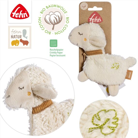 Fehn Knister-Schaf – Activity-Rascheltier aus Baumwolle – Babyspielzeug zum Greifen, Spielen und Geräusche erzeugen – optimaler Begleiter für Babys und Kleinkinder ab 0+ Monaten