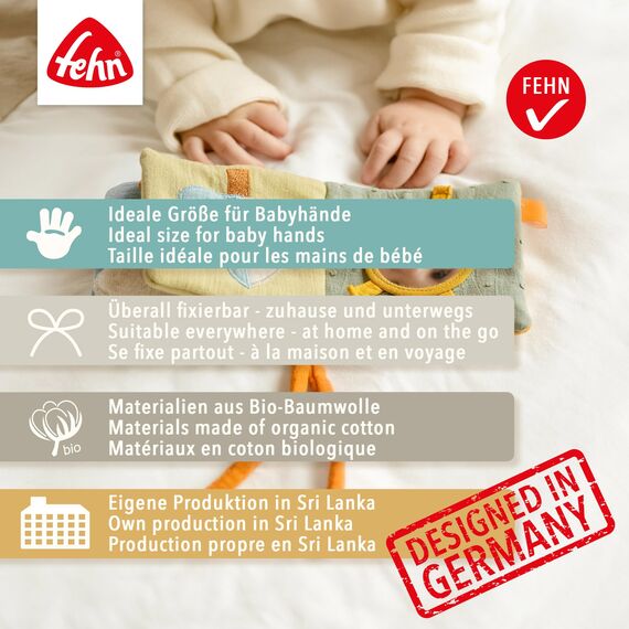 Fehn Stoffbuch Schaf – Buggybuch aus Stoff – Babyspielzeug Buch mit Quietsche, Raschelpapier und Spiegel – Babybuch mit Befestigungsschnüre – Fühlbuch für Babys und Kleinkinder ab 0+ Monaten