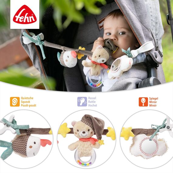 Fehn Kinderwagenkette Spielzeug Bruno – Baby Mobile Kette mit niedlichen Figuren zum Aufhängen an Kinderwagen, Babyschale oder Kinderbett – Kinderwagen Zubehör für Babys und Kinder ab 0+ Monaten
