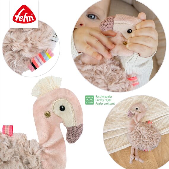 Fehn Knister-Flamingo – Activity-Rascheltier zum Greifen, Lauschen, Spielen & Geräusche erzeugen - fördert Babys Sinne & Motorik - idealer Begleiter für Babys und Kleinkinder ab Geburt