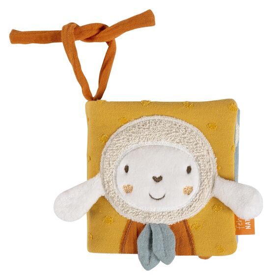 Fehn Stoffbuch Schaf – Buggybuch aus Stoff – Babyspielzeug Buch mit Quietsche, Raschelpapier und Spiegel – Babybuch mit Befestigungsschnüre – Fühlbuch für Babys und Kleinkinder ab 0+ Monaten
