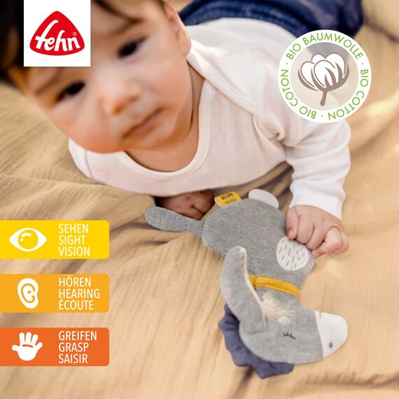 Fehn Knister Esel fehnNATUR - Activity Baby Raschel Spielzeug aus Baumwolle aus biologischem Anbau zum Greifen und Spielen - Babyspielzeug - Motorikspielzeug für Kleinkinder ab 0+ Monaten