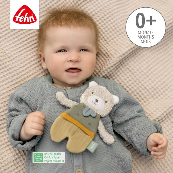 Fehn Knister Bär – Activity Baby Raschel Spielzeug zum Greifen und Spielen – Activity-Rascheltier Babyspielzeug – Motorikspielzeug und Knisterspielzeug für Babys und Kleinkinder