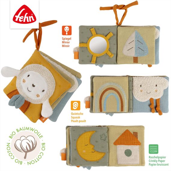 Fehn Stoffbuch Schaf – Buggybuch aus Stoff – Babyspielzeug Buch mit Quietsche, Raschelpapier und Spiegel – Babybuch mit Befestigungsschnüre – Fühlbuch für Babys und Kleinkinder ab 0+ Monaten