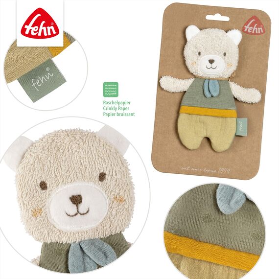 Fehn Knister Bär – Activity Baby Raschel Spielzeug zum Greifen und Spielen – Activity-Rascheltier Babyspielzeug – Motorikspielzeug und Knisterspielzeug für Babys und Kleinkinder