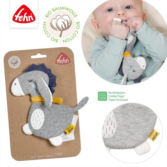 Fehn Knister Esel fehnNATUR - Activity Baby Raschel Spielzeug aus Baumwolle aus biologischem Anbau zum Greifen und Spielen - Babyspielzeug - Motorikspielzeug für Kleinkinder ab 0+ Monaten