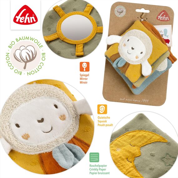 Fehn Stoffbuch Schaf – Buggybuch aus Stoff – Babyspielzeug Buch mit Quietsche, Raschelpapier und Spiegel – Babybuch mit Befestigungsschnüre – Fühlbuch für Babys und Kleinkinder ab 0+ Monaten