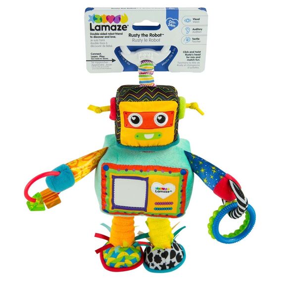 Lamaze LC27089 Baby Spielzeug Rusty, der Roboter Clip & Go, das hochwertige Kleinkindspielzeug. Der quietschbunte Greifling ist das perfekte Kinderwagenspielzeug und Kuscheltier für Babys, L27089