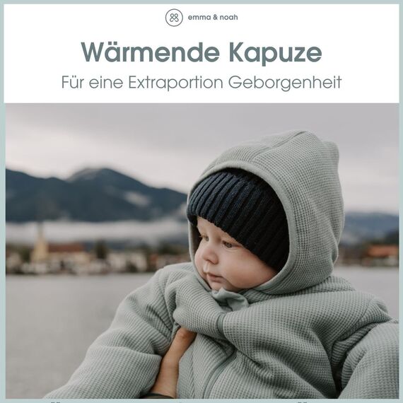 emma & noah Overall Baby, Mitwachsend, Baby Anzug mit Kapuze, Umschlagbare Beine und Ärmel, Wattiert und Gefüttert, Weich und Warm, Ideal für Herbst, Winter und Frühling (Essential Mint, 62/68 cm)