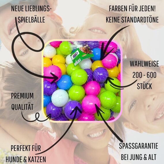 EKNA Bälle für Bällebad - 400 Bälle Ø 5,5cm - XXL Bällebad - Rosa, Hellgrün, Hellblau, Gelb, Weiß, Lila - Für Mensch & Tier! (2x Netze)