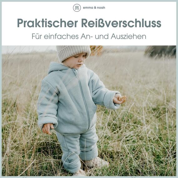 emma & noah Overall Baby, Mitwachsend, Baby Anzug mit Kapuze, Umschlagbare Beine und Ärmel, Wattiert und Gefüttert, Weich und Warm, Ideal für Herbst, Winter und Frühling (Essential Grau, 86/92 cm)