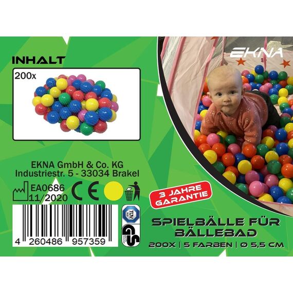 EKNA Bälle für Bällebad - 400 Bälle Ø 5,5cm - XXL Bällebad - Rosa, Hellgrün, Hellblau, Gelb, Weiß, Lila - Für Mensch & Tier! (2x Netze)