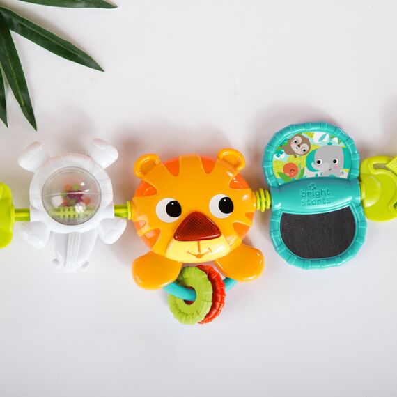 Bright Starts, 9005 Tiger Kinderwagenkette mit Lichtern, 4 Melodien, Spiegel und mehr, leicht anzubringen