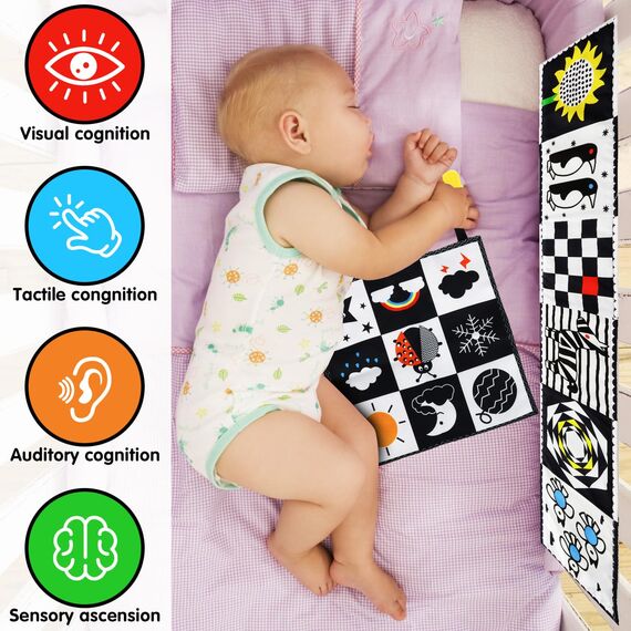 Jiosdo Baby Spielzeug 0-3 Monate, Schwarz Weiss Kontrast Spielzeug Baby Stoffbuch Knistertuch, Kontrastbuch Kinderwagen Geschenksets Babyspielzeug 0 3 6 12 Monate(2PCS)