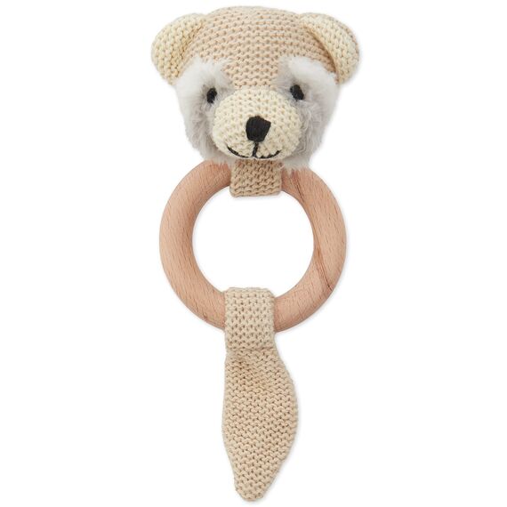Bieco Waschbär Baby Greifling mit Holzring | Gehäkelte Rassel für Jungen & Mädchen