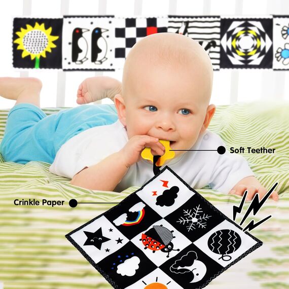 Jiosdo Baby Spielzeug 0-3 Monate, Schwarz Weiss Kontrast Spielzeug Baby Stoffbuch Knistertuch, Kontrastbuch Kinderwagen Geschenksets Babyspielzeug 0 3 6 12 Monate(2PCS)