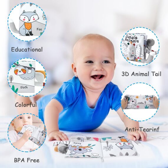 Vicloon Stoffbuch für Babys,Bilderbuch aus Stoff mit Tiere,frühe Entwicklung Baby Tuch Bücher,Wahrnehmungs-Lernspielzeug,Geschenke für Babys-ElefantenStil