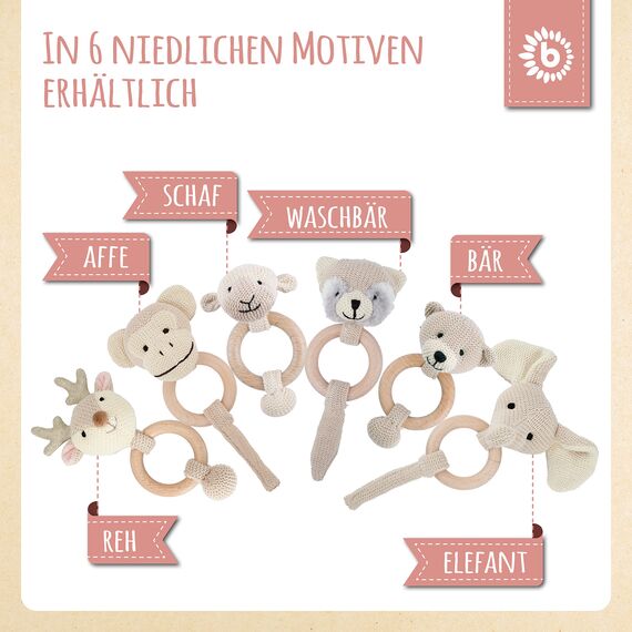 Bieco Holz Greifling Baby Rassel | Ø 10cm, Länge 17cm | Niedliche Reh Babyrassel Baumwolle mit Holz Ring | Baby Greifling Rassel für Junge & Mädchen | Greifling mit Reh Stoffrassel | Greifringe Baby