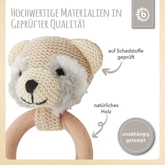 Bieco Waschbär Baby Greifling mit Holzring | Gehäkelte Rassel für Jungen & Mädchen