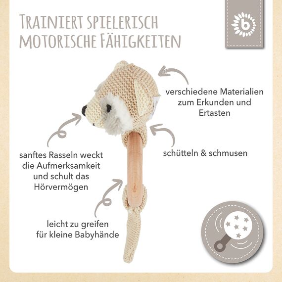 Bieco Waschbär Baby Greifling mit Holzring | Gehäkelte Rassel für Jungen & Mädchen