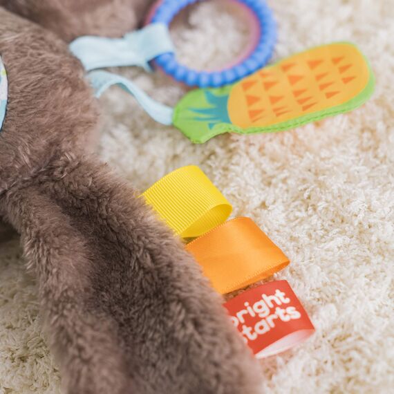 Bright Starts, Faultier kuscheliges Spielzeug für unterwegs, mit verschiedenen Texturen und Spiegel, lässt sich einfach am Kinderwagen befestigen, mehrfarbig
