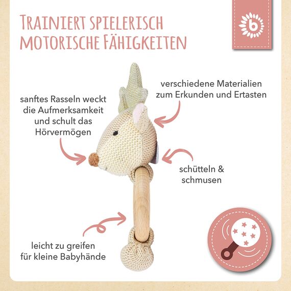 Bieco Holz Greifling Baby Rassel | Ø 10cm, Länge 17cm | Niedliche Reh Babyrassel Baumwolle mit Holz Ring | Baby Greifling Rassel für Junge & Mädchen | Greifling mit Reh Stoffrassel | Greifringe Baby
