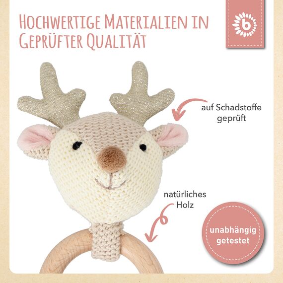 Bieco Holz Greifling Baby Rassel | Ø 10cm, Länge 17cm | Niedliche Reh Babyrassel Baumwolle mit Holz Ring | Baby Greifling Rassel für Junge & Mädchen | Greifling mit Reh Stoffrassel | Greifringe Baby