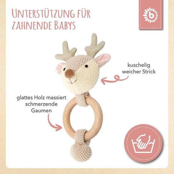Bieco Holz Greifling Baby Rassel | Ø 10cm, Länge 17cm | Niedliche Reh Babyrassel Baumwolle mit Holz Ring | Baby Greifling Rassel für Junge & Mädchen | Greifling mit Reh Stoffrassel | Greifringe Baby