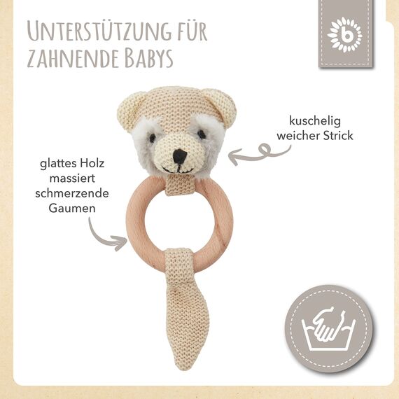 Bieco Waschbär Baby Greifling mit Holzring | Gehäkelte Rassel für Jungen & Mädchen