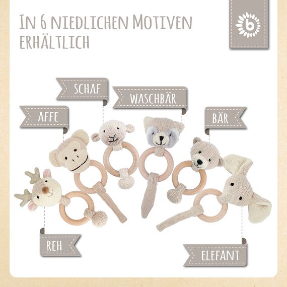 Bieco Waschbär Baby Greifling mit Holzring | Gehäkelte Rassel für Jungen & Mädchen