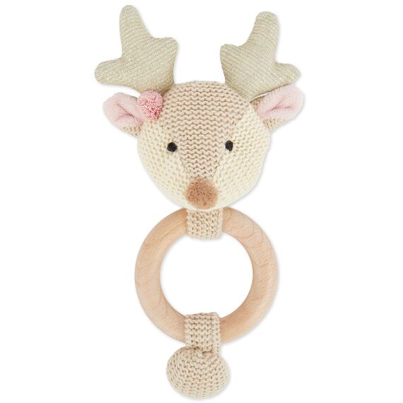 Bieco Holz Greifling Baby Rassel | Ø 10cm, Länge 17cm | Niedliche Reh Babyrassel Baumwolle mit Holz Ring | Baby Greifling Rassel für Junge & Mädchen | Greifling mit Reh Stoffrassel | Greifringe Baby
