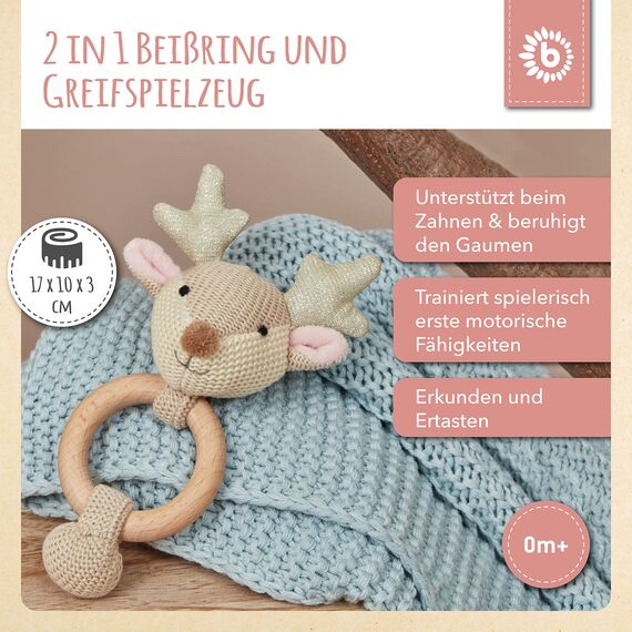 Bieco Holz Greifling Baby Rassel | Ø 10cm, Länge 17cm | Niedliche Reh Babyrassel Baumwolle mit Holz Ring | Baby Greifling Rassel für Junge & Mädchen | Greifling mit Reh Stoffrassel | Greifringe Baby