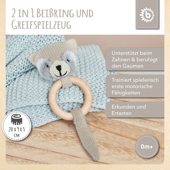 Bieco Waschbär Baby Greifling mit Holzring | Gehäkelte Rassel für Jungen & Mädchen