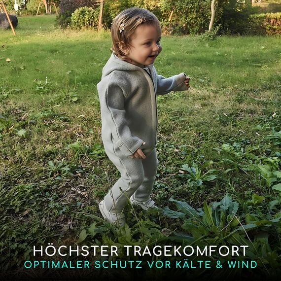 ALAVYA HOME® WALKOVERALL, Baby Wollwalk-Overalls aus Natur 100% Bio-Schurwolle Wollfleece mit Reißverschluss, Walk Woll-Anzug für Kleinkind und Baby - Pastel Grau 62/68