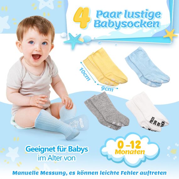 Fettwal 4 Paare Baby Socken 0-12 Monate, Babygeschenke zur Geburt Junge Mädchen, Baby Geschenk Junge Mädchen, Neugeborenen Geschenk, Babyparty Geschenk, Personalisierte Geschenke Babysocken