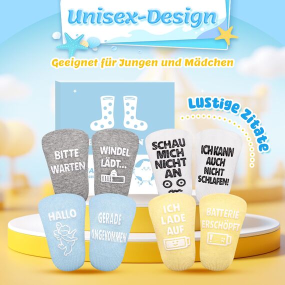 Fettwal 4 Paare Baby Socken 0-12 Monate, Babygeschenke zur Geburt Junge Mädchen, Baby Geschenk Junge Mädchen, Neugeborenen Geschenk, Babyparty Geschenk, Personalisierte Geschenke Babysocken