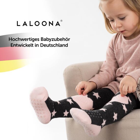 LaLoona Baby Krabbelstrumpfhose mit ABS Sohle - elastische Kinderstrumpfhose mit Anti Rutsch Noppen - OEKO-TEX® Standard 100 geprüft - Sterne/Rosa - 74-80