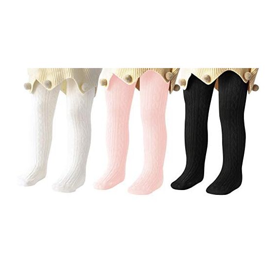 Durio Baby Strumpfhose für Mädchen Baumwolle Kinderstrumpfhose Kinder Strumpfhosen Set Warme Strümpfe Leggings 3 Paar-Weiß Schwarz Hellpink 1-2 Jahre