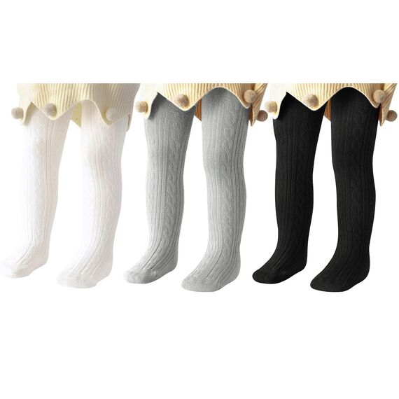 Durio Baby Strumpfhose für Mädchen Baumwolle Kinderstrumpfhose Kinder Strumpfhosen Set Warme Strümpfe Leggings 3 Paar-Weiß Schwarz Hellgrau 0-6 Monate