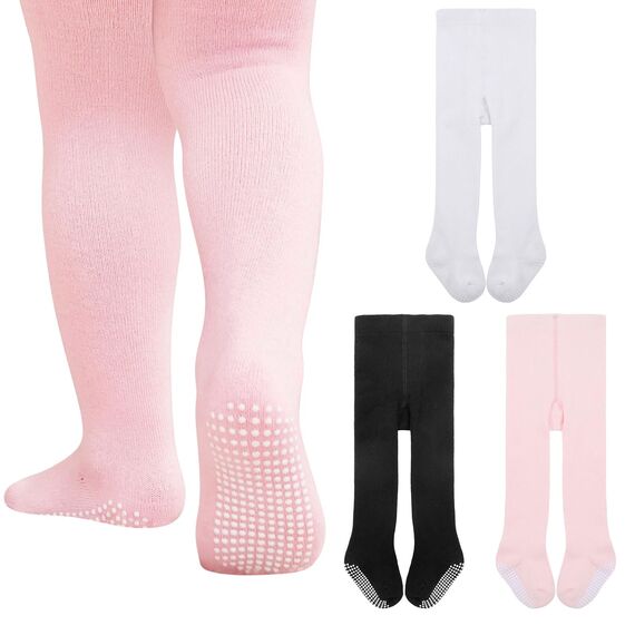 Durio Baby Strumpfhose für Mädchen Baumwolle Kinderstrumpfhose Kleinkind Strumpfhosen Set Leggings Anti-Rutsch Rutschfest Stoppersocken 3 Paar-Schwarz Weiß u. Pink 6-12 Monate