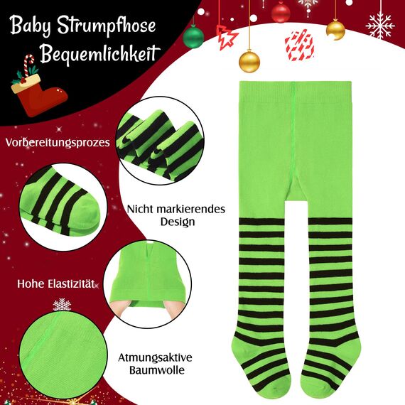 Durio Baby Strumpfhose für Mädchen Baumwolle Kinderstrumpfhose Kinder Strumpfhosen Set Warme Strümpfe Leggings Ringelstrumpfhose Kinder Weihnachtstag Grün und Weiß 2-4 Jahre