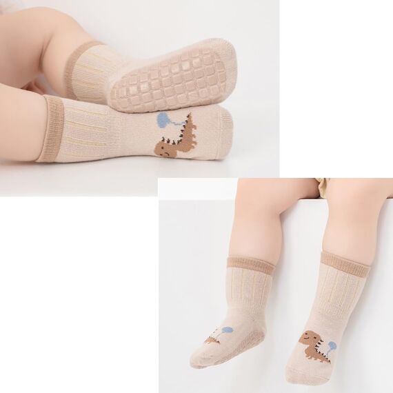 Exemaba Baby Antirutsch Socken 5 Paar Kleinkinder Tiermotive ABS Rutschfeste Sneaker Socken(Beige Dinosaurier,L/3-5Y)