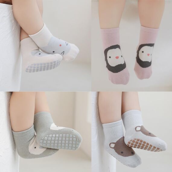 Exemaba Baby Antirutsch Socken 5 Paar Kleinkinder Tiermotive ABS Rutschfeste Sneaker Socken(Rosa Affe,M/1-3Y)