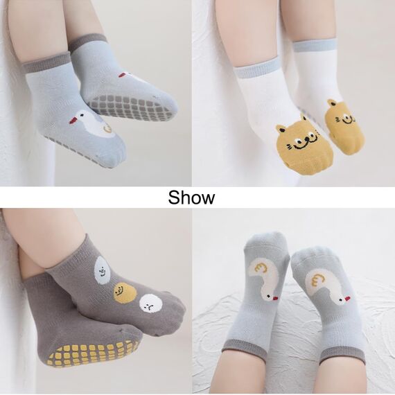 Exemaba Baby Antirutsch Socken 5 Paar Kleinkinder Tiermotive ABS Rutschfeste Sneaker Socken(Blau Ente,S/6-12M)
